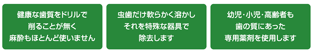 健康的な歯質をドリルで削ることが無く、麻酔もほとんど使いません。虫歯だけ軟らかく溶かし
