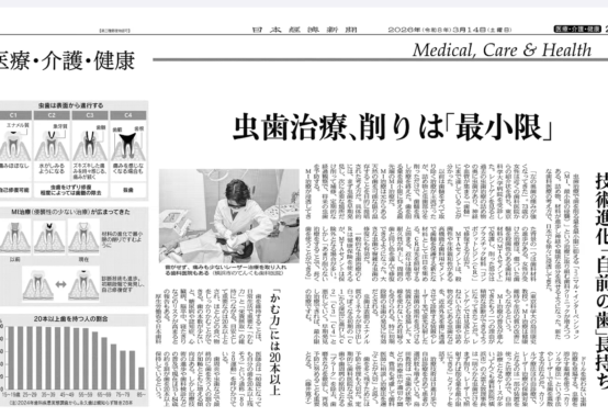 日本経済新聞 2026年3月14日(土曜日) 28面 むし歯治療、削りは「最小限」技術進化「自前の歯」長持ち カリソルブ治療